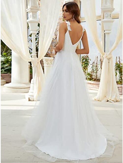 Ever-Pretty Open Back V Neck A-line Lace Bodice Tulle Wedding Dress for Women 0216