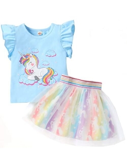 Retsugo Girls Tulle Skirt Set Two Piece Ruffle Sleeve Unicorn T-Shirt Tutu Dress Summer Birthday Party Outfit 1-8 Years Old