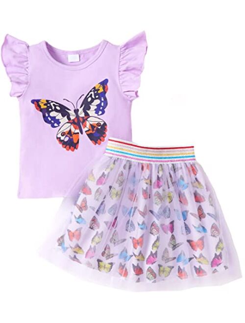 Retsugo Girls Tulle Skirt Set Two Piece Ruffle Sleeve Unicorn T-Shirt Tutu Dress Summer Birthday Party Outfit 1-8 Years Old