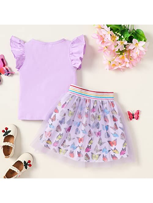 Retsugo Girls Tulle Skirt Set Two Piece Ruffle Sleeve Unicorn T-Shirt Tutu Dress Summer Birthday Party Outfit 1-8 Years Old