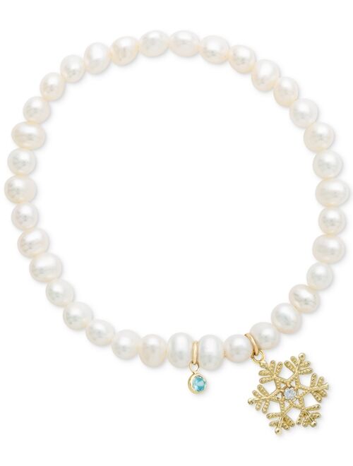 Disney Children's Cultured Freshwater Pearl (4mm) & 14k Snowflake Charm Stretch Bracelet