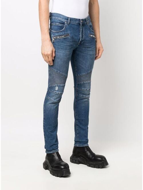 Balmain biker ribbed-detail skinny jeans