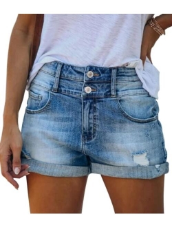 POTILI Womens Jean Shorts High Waisted Denim Shorts Ripped Frayed Casual Stretchy Shorts for Summer