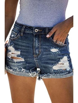 POTILI Womens Jean Shorts High Waisted Denim Shorts Ripped Frayed Casual Stretchy Shorts for Summer