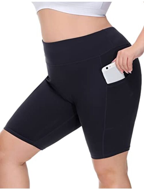 Hanna Nikole Women Plus Size High Waisted Workout Yoga Shorts 6" 8" Inseam Pockets Biker Running Tights