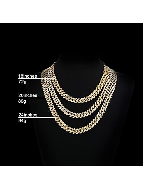 HDMENC Mens Miami Cuban Link Chain Necklace 12mm Diamond Prong Cuban Chain 18/20/24inch Length Hip Hop Jewely with Gift Box