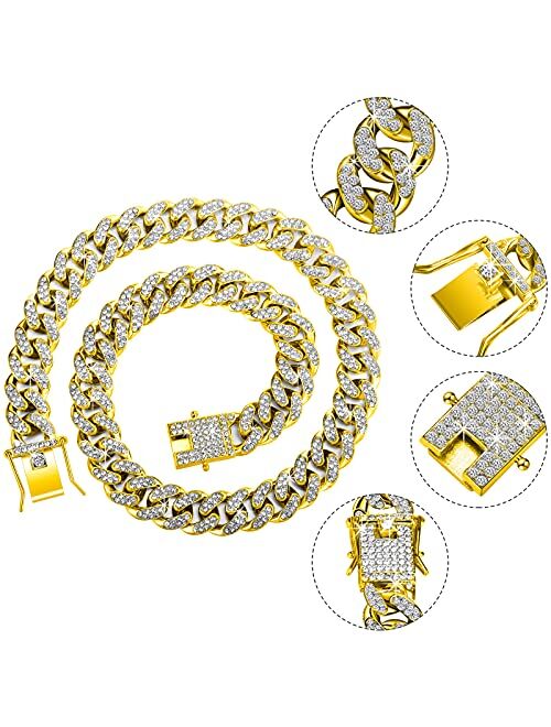 Hicarer 2 Pieces 12 mm Cuban Chain Necklace Bracelet Heavy Strong Link Chain Necklace Bling Necklace Chain for Men Women