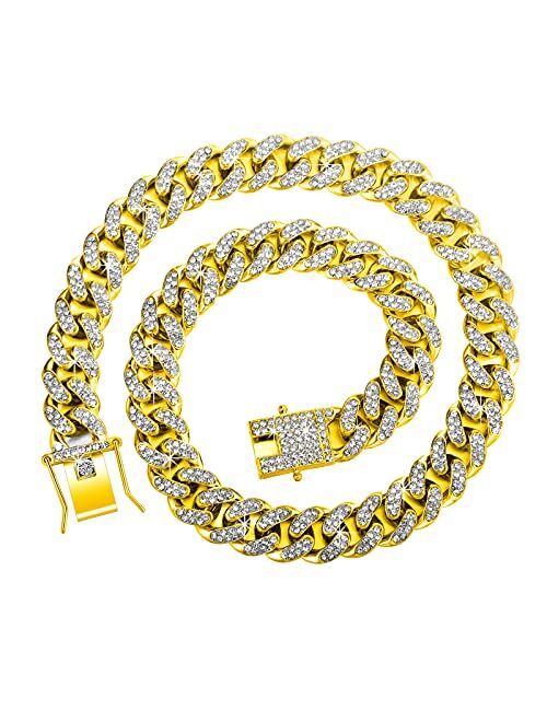 Hicarer 2 Pieces 12 mm Cuban Chain Necklace Bracelet Heavy Strong Link Chain Necklace Bling Necklace Chain for Men Women