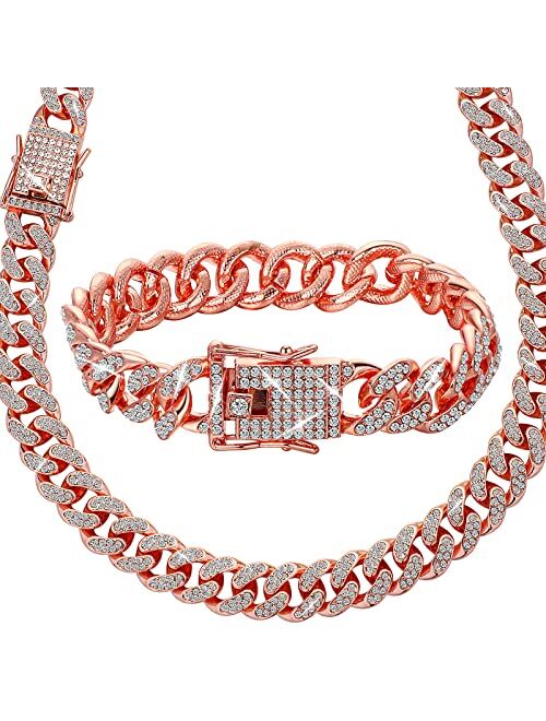 Hicarer 2 Pieces 12 mm Cuban Chain Necklace Bracelet Heavy Strong Link Chain Necklace Bling Necklace Chain for Men Women