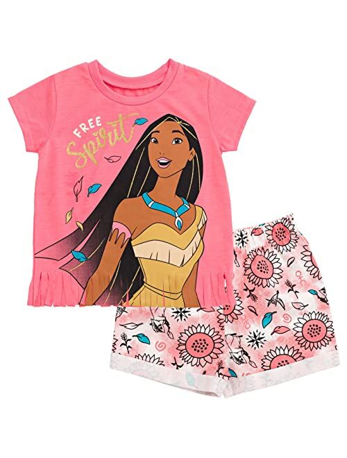 Disney Princess Girls T-Shirt French Terry Shorts Set: Belle Jasmine Moana Ariel