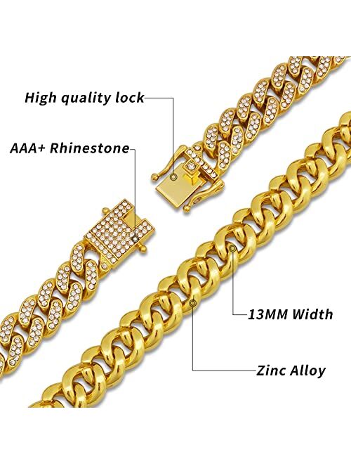 Cuban Link Chain,ICEDATA Hip Hop Link 13MM Width AAA+ Rhinestone Zinc Alloy Cuban Chain for Men