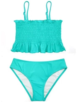 Girls Bathing Suit Ruffle Trim Bandeau Bikini Shirred Bandeau Two Piece Swimsuits