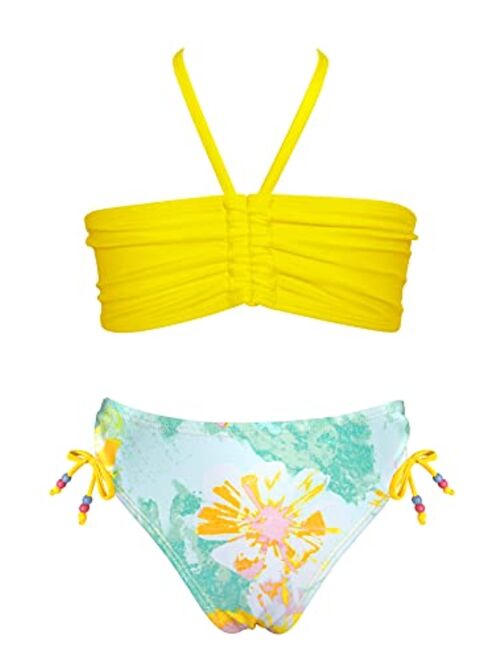 SHEKINI Girls Two Piece Bandeau Swimsuit Halter Bikini Top Drawstring Floral Print Bikini Set