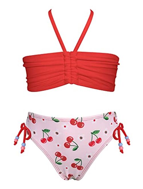 SHEKINI Girls Two Piece Bandeau Swimsuit Halter Bikini Top Drawstring Floral Print Bikini Set