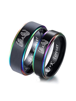 Mzzj Jewelry MZZJ Personalized Name Date Couple Jewelry His Hers 8MM&6MM 2 Tone Stainless Steel Rainbow Step Edges Spinner Ring Set Wedding Band Engagement Matching Ring,