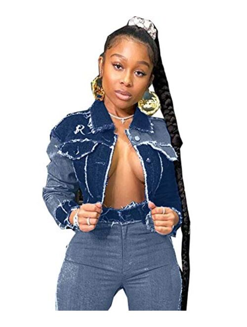 Paodikuai Women Patch Color Block Trucker Denim Jacket Raw Hem Boyfriend Jean Jacket Coat