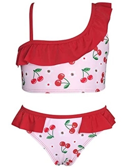 Girl's One Shoulder Ruffle Swimsuit Floral Two Pieces Bathing Suit