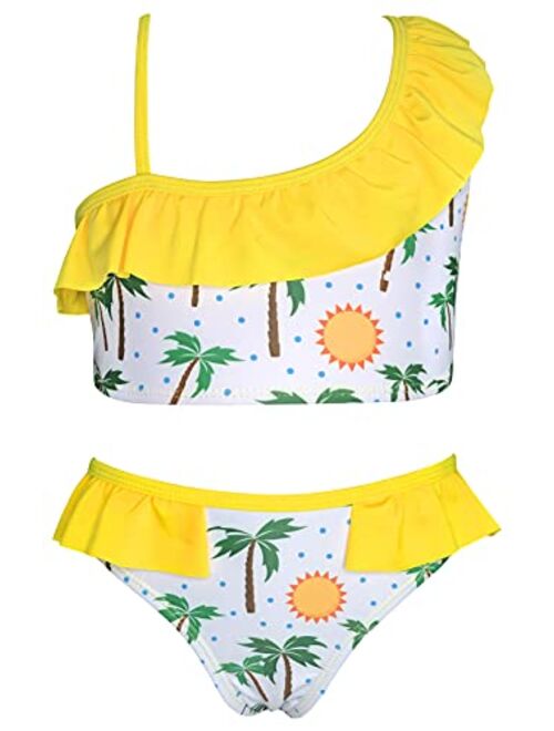 SHEKINI Girl's One Shoulder Ruffle Swimsuit Floral Two Pieces Bathing Suit