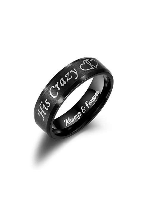 Lavumo His Crazy Her Weirdo Heart Rings for Couples Always and Forever Matching Promise Rings Black Wedding Bands Sets for Him and Her Stainless Steel Comfort Fit