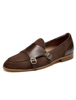 Beautoday Monk Strap Loafers Women Double Buckles Suede Leather Shoes