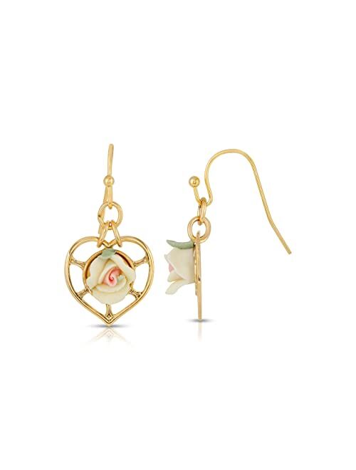 1928 Jewelry Porcelain Rose Heart Drop Earrings