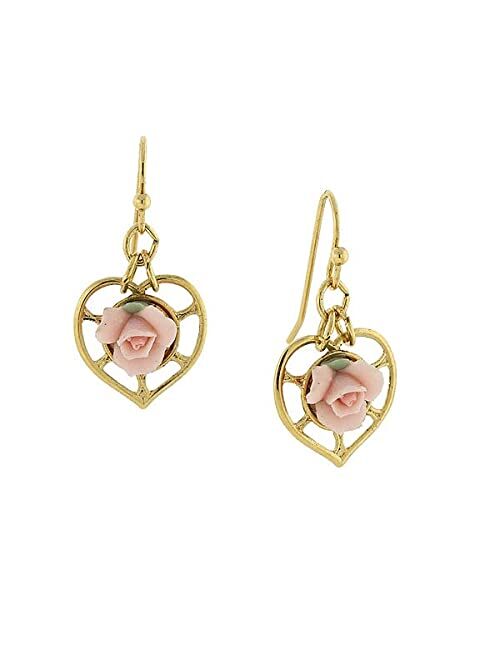 1928 Jewelry Porcelain Rose Heart Drop Earrings