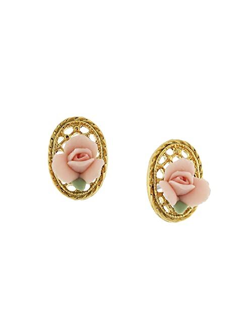 1928 Jewelry Porcelain Rose Filigree Oval Button Earrings
