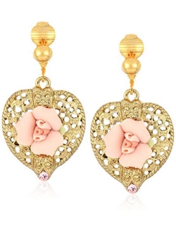 Filigree Heart Pink Porcelain Rose Crystal Accent Heart Drop Earrings