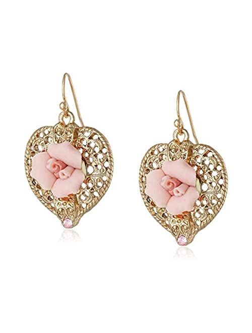 1928 Jewelry Filigree Heart Pink Porcelain Rose Crystal Accent Heart Drop Earrings