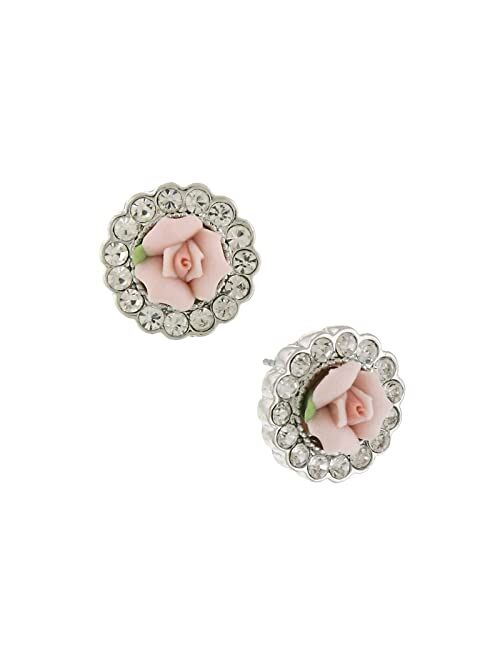 1928 Jewelry Pink Porcelain Rose Crystal Accent Post Earrings