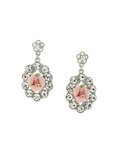 1928 Jewelry Pink Porcelain Rose Crystal Accent Post Drop Earrings