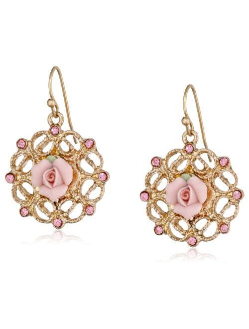 1928 Jewelry Gold Tone Pink Porcelain with Light Rose Accent Filgree Drop Earrings