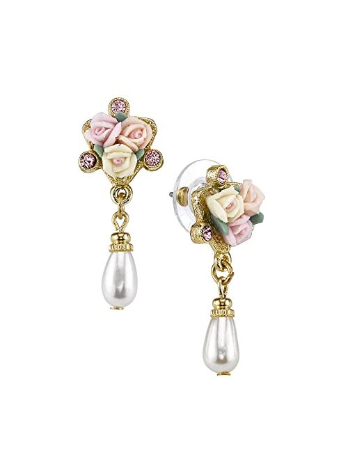 1928 Jewelry Multi-Color Porcelain Rose Pink Crystal Costume Pearl Drop Post Earrings