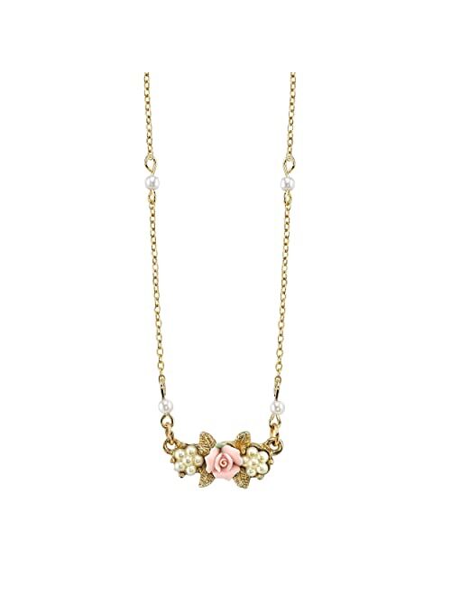 1928 Jewelry Essentials Gold Tone Simulated Pearl Pink Porcelain Rose Pendant Necklace, 16"+3