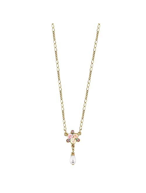 1928 Jewelry Crystal Ivory And Pink Porcelain Rose Costume Pearl Necklace 16" + 3" Extender