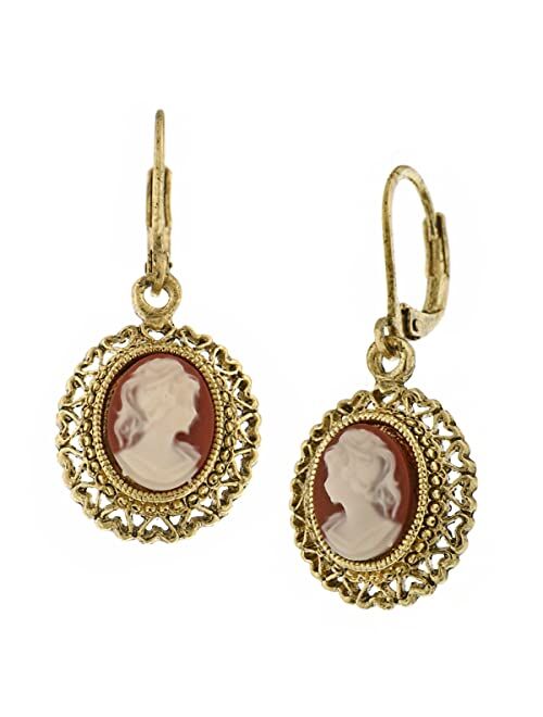 1928 Jewelry Faux Dark Carnelian Cameo Oval Drop Earrings