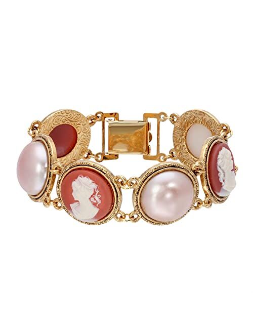 1928 Jewelry Round Carnelian Ivory Cameo and Raspberry Peach Pearl Clasp Bracelet