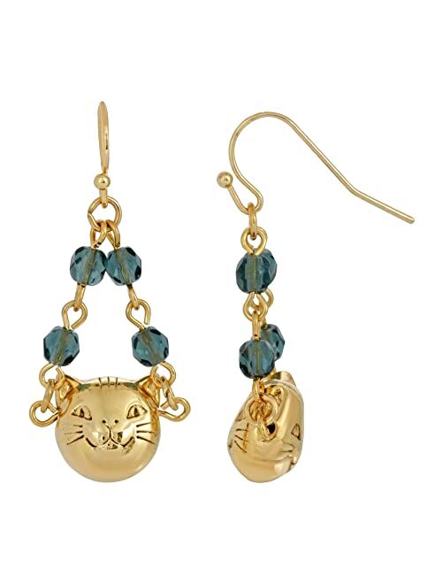 1928 Jewelry 14K Gold Dipped Cat Face With Blue Beaded Chain Drop Wire Earrings