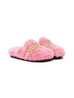 Kids logo-plaque faux-fur slippers
