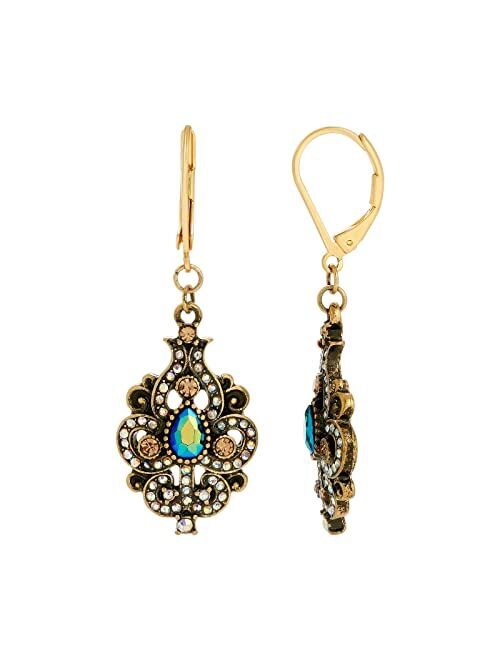 1928 Jewelry Art Nouveau Style Blue Iridescent AB Glass Drop Earrings