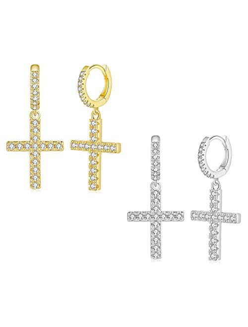 GEMOSA 2 Pairs Cross Hoop Earrings Dangle 14K Gold Silver Plated Dangling Iced Out Small 5A+ Cubic Zirconia Pave CZ Huggie Drop Post Earring for Men Women Boy Jewelry GIF