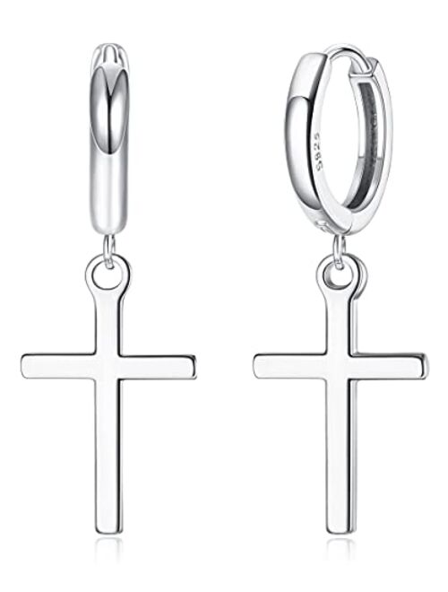 Milacolato 925 Sterling Silver Cross Hoop Earrings Minimalist Cross Dangle Huggie Cuff Earrings Minimal Jewelry Dainty Cross Hoop Earrings for Women Men