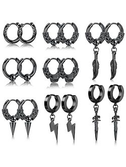 SAILIMUE 8Pairs Surgical Stainless Steel Huggie Hoop Earrings For Men Women Hypoallergenic Punk Hip Hop Cool Goth Earrings Black Silver Vintage Feather Triangles Sword Dr