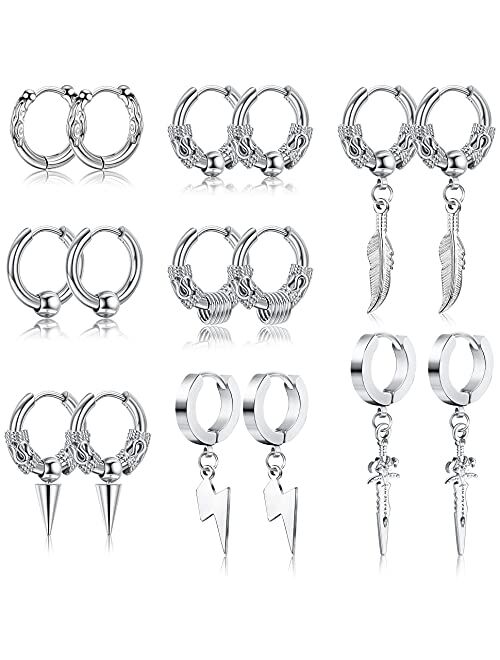 SAILIMUE 8Pairs Surgical Stainless Steel Huggie Hoop Earrings For Men Women Hypoallergenic Punk Hip Hop Cool Goth Earrings Black Silver Vintage Feather Triangles Sword Dr