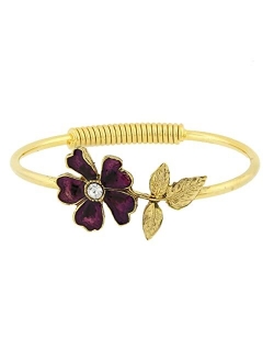 Gold Tone Enamel Flower and Crystal Accent Spring Hinge Cuff Bracelet