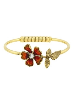 Gold Tone Enamel Flower and Crystal Accent Spring Hinge Cuff Bracelet