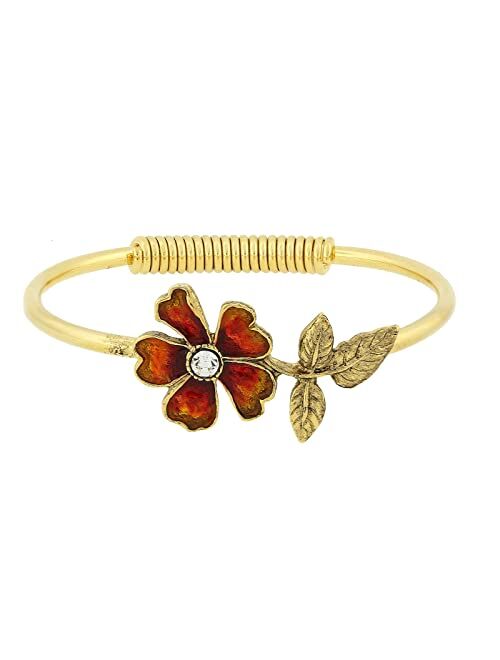 1928 Jewelry Gold Tone Enamel Flower and Crystal Accent Spring Hinge Cuff Bracelet