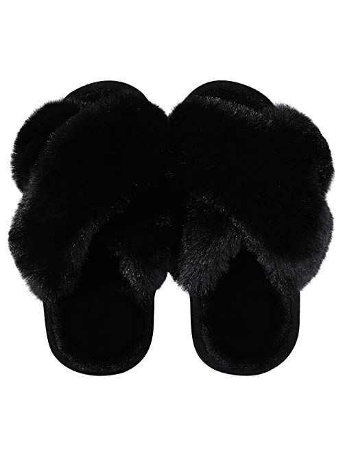 Comwarm Girl's Soft Plush Lightweight House Slippers Non Slip Cross Band Slip on Open Toe Cozy Indoor Outdoor Slippers