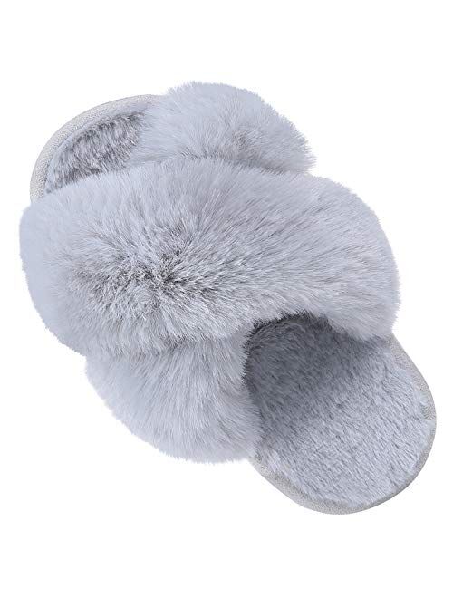 Comwarm Girl's Soft Plush Lightweight House Slippers Non Slip Cross Band Slip on Open Toe Cozy Indoor Outdoor Slippers