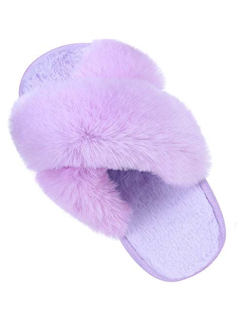 Comwarm Girl's Soft Plush Lightweight House Slippers Non Slip Cross Band Slip on Open Toe Cozy Indoor Outdoor Slippers